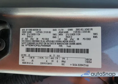 2020 Ford F150 Supercrew from USA, damaged, VIN 1FTEW1CP2LFA50029